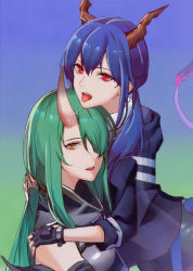 Rule 34 | 2girls, arknights, arm ribbon, arm scarf, bare shoulders, black gloves, black shirt, blue hair, ch&#039;en (arknights), dragon horns, dragon tail, gloves, gradient background, green hair, hair between eyes, hair over one eye, highres, holding person, horns, hoshiguma (arknights), hug, jacket, long hair, low tied hair, multiple girls, nyasa, open mouth, red eyes, ribbon, shirt, single horn, skin-covered horns, tail, tongue, tongue out, yellow eyes, yuri