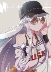 Rule 34 | 1girl, arm under breasts, azur lane, bare shoulders, black tank top, bracelet, clothes around waist, commentary request, enterprise (anniversary ride) (azur lane), enterprise (azur lane), hair between eyes, hat, jewelry, long hair, looking at viewer, makino (727me727), necklace, off-shoulder shirt, off shoulder, one eye closed, purple eyes, shirt, silver hair, tank top, white shirt