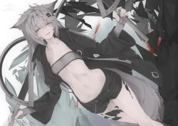Rule 34 | 1girl, absurdres, animal ear fluff, animal ears, arknights, bandeau, black coat, black jacket, black shorts, coat, dutch angle, fangs, fingerless gloves, gloves, grey eyes, grey gloves, hair between eyes, hair ornament, hairclip, highres, holding, holding sword, holding weapon, jacket, kana616, lappland (arknights), long hair, long sleeves, looking at viewer, material growth, open clothes, open coat, open mouth, oripathy lesion (arknights), pixiv id, scar, scar across eye, scar on face, shorts, silver hair, solo, sword, tail, twitter username, weapon, wolf ears, wolf tail