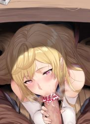 Rule 34 | 1boy, 1girl, :&gt;=, bare shoulders, blonde hair, blush, breasts, bridal gauntlets, brown eyes, censored, cum, cum in mouth, dress, ejaeli (granblue fantasy), elegy (granblue fantasy), erection, fellatio, granblue fantasy, hair ornament, heart, heart-shaped pupils, heart censor, heavy breathing, hetero, hews, highres, long hair, looking at viewer, oral, penis, saliva, stealth fellatio, stealth sex, stray pubic hair, symbol-shaped pupils, under table, very long hair
