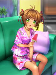 Rule 34 | 1990s (style), 1girl, :o, antenna hair, brown hair, cardcaptor sakura, child, couch, food, fruit, green eyes, highres, indoors, japanese clothes, kinomoto sakura, mutsuki (moonknives), pillow, popsicle, retro artstyle, short twintails, sitting, solo, twintails, two side up, watermelon, watermelon bar