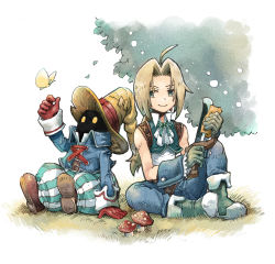 Rule 34 | 2boys, baggy pants, bare shoulders, black mage (final fantasy), blonde hair, blue coat, blue pants, blue vest, boots, brown footwear, bug, butterfly, coat, dagger, falling leaves, final fantasy, final fantasy ix, frilled shirt collar, frills, gloves, grass, green eyes, green footwear, green gloves, hat, high collar, highres, holding, holding dagger, holding knife, holding weapon, insect, knife, lace-up top, leaf, long hair, low ponytail, male focus, mare (pixiv), multiple boys, mushroom, neck ribbon, on ground, outdoors, outstretched hand, pants, parted bangs, red gloves, ribbon, sharpening, shirt, simple background, sitting, sleeveless, sleeveless shirt, smile, striped clothes, striped pants, tree, vest, vivi ornitier, weapon, white shirt, wizard hat, yellow eyes, zidane tribal