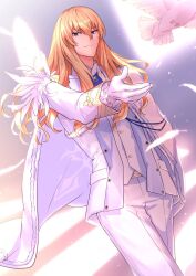 Rule 34 | 1boy, ascot, bird, blonde hair, blue ascot, blue brooch, blue eyes, blurry, blurry background, brooch, buttons, cape, cowboy shot, crest, dutch angle, falling feathers, fate/grand order, fate (series), feathers, formal, frilled sleeves, frills, gloves, hair between eyes, highres, jacket, jewelry, kirschtaria wodime, light particles, long hair, long sleeves, looking down, male focus, outstretched arm, outstretched hand, pants, sabamori, sleeve cuffs, smile, solo, suit, sunlight, white bird, white cape, white feathers, white gloves, white jacket, white pants, white suit
