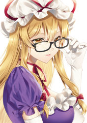Rule 34 | 1girl, blonde hair, blush, bow, bowtie, breasts, closed mouth, commentary request, dress, elbow gloves, frills, glasses, gloves, hair between eyes, hair bow, hand up, hat, hat bow, highres, kirisita, large breasts, long hair, looking at viewer, mob cap, puffy short sleeves, puffy sleeves, purple dress, red bow, red bowtie, short sleeves, simple background, smile, solo, tongue, tongue out, touhou, upper body, white background, white gloves, white hat, yakumo yukari, yellow eyes