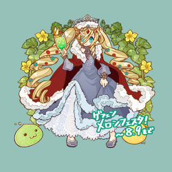 Rule 34 | 1girl, :3, artist name, blonde hair, blue dress, blue eyes, blue flower, blue footwear, cape, cherry, closed mouth, cocktail, commentary request, crown, cup, dalcom (ragnarok online), dress, drill hair, drinking glass, eyes visible through hair, flower, food, fruit, full body, fur cape, green background, hair between eyes, hair flower, hair ornament, hair over one eye, holding, holding cup, long hair, long sleeves, looking at viewer, princess meer, ragnarok online, red cape, red flower, ro mugi, shoes, slime (creature), smile, standing, twintails, very long hair, wine glass, wreath, yellow flower