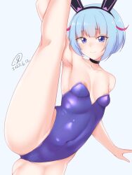 Rule 34 | 1girl, 9rimson, animal ears, areola slip, arm up, armpit crease, armpits, bare shoulders, black choker, blue background, blue eyes, blue leotard, breasts, character request, choker, collarbone, copyright request, covered navel, dated, eyelashes, fake animal ears, feet out of frame, highleg, highleg leotard, highres, large areolae, legs, leotard, looking at viewer, medium hair, multicolored hair, pink hair, playboy bunny, sidelocks, signature, simple background, skin tight, small breasts, solo, split, standing, standing on one leg, standing split, strapless, strapless leotard, streaked hair, thighs, undersized breast cup