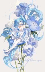 Rule 34 | 1girl, arms at sides, bare shoulders, blue eyes, blue eyeshadow, blue flower, blue footwear, blue hair, blue ribbon, breasts, chromatic aberration, closed mouth, collarbone, detached sleeves, dot mouth, earrings, english text, eyeshadow, flower, flower earrings, footwear flower, frilled skirt, frills, full body, grey background, hair flower, hair intakes, hair ornament, hatsune miku, head tilt, highres, holding, holding flower, jewelry, leotard, long hair, long sleeves, looking at viewer, makeup, miniskirt, neck garter, nemophila (flower), on flower, outstretched legs, oversized flower, pantyhose, plunging neckline, ribbon, rumoon, shoes, showgirl skirt, simple background, sitting, skirt, sleeves past wrists, small breasts, solo, strapless, strapless leotard, twintails, very long hair, vocaloid, white leotard, white pantyhose, white skirt, white sleeves