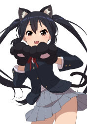 Rule 34 | 1girl, :3, animal ear fluff, animal ears, animal hands, black hair, black jacket, blush, breasts, brown eyes, cat ears, commentary, dot nose, english commentary, fake animal ears, fake tail, fang, gloves, grey skirt, hair between eyes, hair spread out, hands up, happy, highres, jacket, k-on!, long hair, long sleeves, looking at viewer, medium breasts, miniskirt, miu (angelo whitechoc), nakano azusa, open mouth, paw gloves, pleated skirt, school uniform, sidelocks, simple background, skirt, smile, solo, standing, tail, twintails, upper body, very long hair, white background