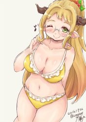 Rule 34 | 10s, 1girl, 2016, ;), arm behind back, bare shoulders, bikini, blonde hair, blush, breasts, cleavage, collarbone, cowboy shot, dated, draph, flower, frilled bikini, frills, glasses, granblue fantasy, green eyes, groin, hair flower, hair intakes, hair ornament, high ponytail, himukaze, horns, large breasts, leaf, long hair, looking at viewer, musical note, navel, one eye closed, plump, pointy ears, quaver, round eyewear, sarya (granblue fantasy), simple background, smile, solo, swimsuit, tareme, thigh gap, twitter username, white background, yellow bikini