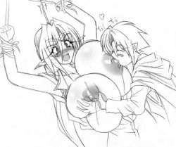 Rule 34 | 1boy, 1girl, arms up, blush, grabbing another&#039;s breast, breast sucking, breasts, closed eyes, gigantic breasts, glasses, grabbing, hetero, kloah, lactation, monochrome, open clothes, open shirt, pointy ears, restrained, shirt