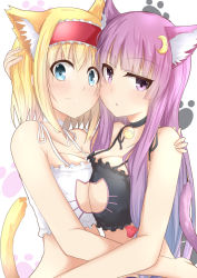 Rule 34 | 2girls, alice margatroid, animal ears, aqua eyes, asymmetrical docking, bare arms, bare shoulders, bell, neck bell, blonde hair, blush, breast press, breasts, cat cutout, cat ears, cat lingerie, cat tail, choker, cleavage, cleavage cutout, clothing cutout, collarbone, commentary request, crescent, crescent hair ornament, hair ornament, hairband, hug, jingle bell, kemonomimi mode, lolita hairband, long hair, looking at viewer, matching outfits, meme attire, multiple girls, patchouli knowledge, paw print, purple eyes, purple hair, ram hachimin, tail, touhou, upper body, very long hair, yuri