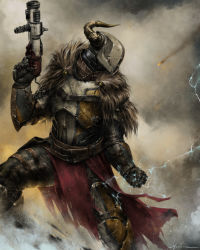 Rule 34 | 1boy, absurdres, armor, brian moncus, clenched hand, destiny (game), fake horns, grenade launcher, gun, helmet, highres, holding, holding gun, holding weapon, horned helmet, horns, legs apart, lightning, looking to the side, lord shaxx, signature, solo, titan (destiny), weapon