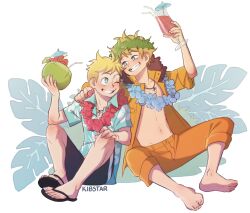 Rule 34 | 2boys, animification, barefoot, blonde hair, blue eyes, butters stotch, drinking straw, fingernails, hand on another&#039;s shoulder, hand on own knee, hawaiian shirt, jewelry, kenny mccormick, kibstar, male focus, missing tooth, multiple boys, necklace, one eye closed, sandals, scar, scar across eye, shirt, short sleeves, shorts, sleeves rolled up, smile, soles, south park, toenails, toes, topless male