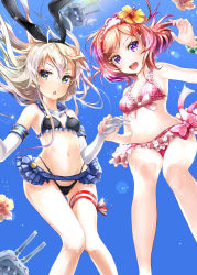 Rule 34 | 10s, 2girls, adapted costume, bikini, blonde hair, breasts, crossover, elbow gloves, floating hair, flower, gloves, gradient background, green eyes, hair flower, hair ornament, hibiscus, holding hands, kantai collection, keepout, love live!, love live! school idol project, medium breasts, multiple girls, navel, nishikino maki, open mouth, plaid, plaid bikini, purple eyes, rensouhou-chan, revision, shimakaze (kancolle), skirt, swimsuit, wet