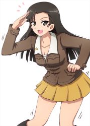 Rule 34 | 1girl, asymmetrical bangs, black footwear, boots, brown eyes, brown hair, brown jacket, chi-hatan military uniform, commentary, girls und panzer, hand on own hip, highres, jacket, leaning forward, long hair, long sleeves, looking at viewer, military, military uniform, miniskirt, motion lines, nishi kinuyo, notice lines, omachi (slabco), open mouth, pleated skirt, salute, shirt, simple background, skirt, smile, solo, standing, uniform, white background, white shirt, yellow skirt