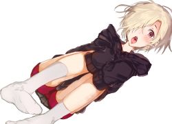 Rule 34 | 1girl, black hoodie, black skirt, blonde hair, blush, chestnut mouth, dutch angle, ear piercing, feet, from above, hair over one eye, hood, hoodie, idolmaster, idolmaster cinderella girls, kakao 02, knees together feet apart, legs up, looking at viewer, lying, messy hair, multiple piercings, no shoes, no uvula, on back, open mouth, oversized clothes, piercing, pleated skirt, red eyes, red shorts, shirasaka koume, short eyebrows, short hair, shorts, simple background, skirt, sleeves past wrists, socks, solo, teeth, tongue, tongue out, tongue piercing, upskirt, white background, white footwear