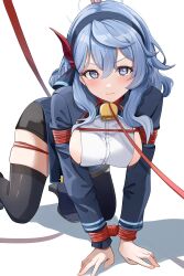 Rule 34 | 1girl, absurdres, ako (blue archive), all fours, bell, black skirt, black thighhighs, blue archive, blue coat, blue eyes, blue footwear, blue hair, blue hairband, blush, bound, bound wrists, breasts, closed mouth, coat, cowbell, earrings, hair between eyes, hairband, halo, highres, jewelry, large breasts, leash, long hair, long sleeves, looking at viewer, miniskirt, musson, neck bell, restrained, sideboob, simple background, skindentation, skirt, solo, stud earrings, tears, thighhighs, white background