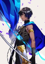 Rule 34 | 1boy, arjuna (fate), armlet, bishounen, black gloves, black shirt, blue cape, brown eyes, brown hair, cape, commentary request, dark-skinned male, dark skin, fate/grand order, fate (series), from side, gloves, gold trim, grey background, highres, holding, holding sword, holding weapon, looking at viewer, looking to the side, male focus, profile, shirt, simple background, sleeveless, sleeveless shirt, smile, solo, standing, sword, tenobe, weapon
