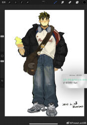 Rule 34 | 1boy, art program in frame, bag, baggy pants, bara, beard stubble, blush, denim, facial hair, food, full body, headphones, headphones around neck, highres, ice cream, jacket, jeans, looking to the side, male focus, oc (powerlesssong), off shoulder, open clothes, open jacket, original, pants, powerlesssong, short hair, shoulder bag, smile, solo, standing, stubble, thick eyebrows