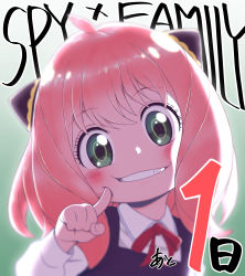 Rule 34 | 1girl, absurdres, anya (spy x family), asano kyouji, black dress, child, close-up, commentary request, copyright name, countdown, dress, eye reflection, finger to cheek, green eyes, grin, hairpods, highres, looking at viewer, medium hair, official art, pink hair, pink ribbon, red ribbon, reflection, ribbon, smile, solo, spy x family, text background, upper body