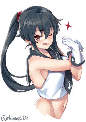 Rule 34 | 1girl, anchor symbol, black hair, breasts, cropped torso, ebifurya, from side, gloves, hair over shoulder, highres, kantai collection, large breasts, long hair, looking at viewer, midriff, necktie, one eye closed, ponytail, red eyes, school uniform, scrunchie, serafuku, shirt, sidelocks, simple background, sleeveless, sleeveless shirt, solo, stretching, twitter username, upper body, very long hair, white background, white gloves, yahagi (kancolle)