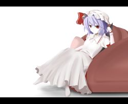 Rule 34 | 1girl, bat wings, blue hair, couch, dress, female focus, hat, highres, letterboxed, red eyes, remilia scarlet, rexlent, solo, touhou, wings
