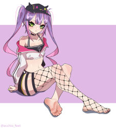Rule 34 | 1girl, absurdres, arms behind back, artist name, bare shoulders, barefoot, black bra, black choker, black headwear, black shorts, bra, breasts, choker, cleavage, closed mouth, collarbone, cropped jacket, crossed legs, double-parted bangs, ecchi-o, eyelashes, feet, fishnet thighhighs, fishnets, full body, green eyes, green nails, highres, hololive, jacket, knees up, looking at viewer, midriff, multicolored hair, nail polish, navel, no shoes, o-ring, o-ring choker, off shoulder, paid reward available, partially unzipped, pink hair, pink nails, purple background, purple hair, short shorts, shorts, sidelocks, single thighhigh, sitting, small breasts, soles, solo, streaked hair, thighhighs, toenail polish, toenails, toes, tokoyami towa, tokoyami towa (1st costume), twintails, twitter username, two-tone background, underwear, virtual youtuber, white background, white jacket