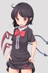 Rule 34 | 1girl, ahoge, asymmetrical wings, black dress, black hair, blush, bow, clothes lift, dress, dress lift, flying sweatdrops, houjuu nue, jpeg artifacts, oimo (imoyoukan), open mouth, pointy ears, red eyes, short hair, short sleeves, skirt, skirt hold, solo, touhou, wings