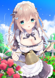 Rule 34 | 1girl, :o, absurdres, apron, aqua eyes, blue sky, blush, braid, breast press, breasts, brown hair, butterfly hair ornament, cleavage, detached collar, flower, fountain, garden, hair between eyes, hair ornament, hair ribbon, hairclip, highres, holding, holding watering can, large breasts, long hair, looking at viewer, maid, maid apron, maid headdress, moe2022, original, outdoors, red flower, red rose, ribbon, rose, see-through, sky, twin braids, watering can, wet, wet clothes, white ribbon, yukimura usagi