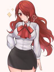 Rule 34 | 1girl, ascot, black skirt, breasts, commentary, cowboy shot, grey background, hair over one eye, highres, kirijou mitsuru, large breasts, long hair, looking at viewer, miniskirt, pencil skirt, persona, persona 3, purrlucii, red ascot, red eyes, red hair, shirt, skirt, solo, sparkle, standing, very long hair, white shirt