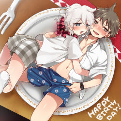 Rule 34 | 2boys, ass, bad id, bad pixiv id, blue eyes, blush, bow, boxers, brown eyes, brown hair, commentary request, danganronpa (series), danganronpa 2: goodbye despair, foreshortening, fork, grey hair, happy birthday, hinata hajime, hoshihuri, hug, komaeda nagito, looking at another, looking at viewer, lying, male focus, male underwear, medium hair, mini person, miniboy, multiple boys, navel, on back, open clothes, open mouth, open shirt, plaid, plaid bow, plate, shirt, short hair, smile, socks, tongue, tongue out, underwear, watch, wristwatch, yaoi
