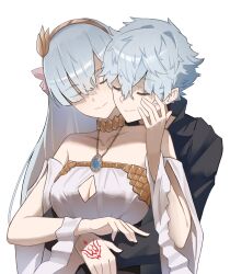 Rule 34 | 1boy, 1girl, absurdres, anastasia (fate), bare shoulders, black shirt, breasts, closed eyes, collarbone, command spell, commission, dress, fate/grand order, fate (series), grey hair, hand on another&#039;s head, hetero, highres, hug, hug from behind, jewelry, kadoc zemlupus, large breasts, long hair, necklace, noir (noir reveur), shirt, short hair, white dress