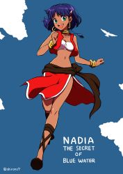 Rule 34 | 1girl, bandeau, bare shoulders, bird, bob cut, bracelet, breasts, cloud, commentary request, dark skin, dark-skinned female, earrings, fushigi no umi no nadia, green eyes, hair ornament, hairclip, jewelry, loincloth, looking at viewer, midriff, nadia la arwall, neck ring, necklace, open mouth, pelvic curtain, purple hair, shirono, short hair, smile, solo, strapless, tube top, vest