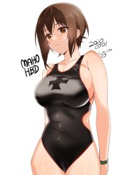 1girl, artist name, bangs, black swimsuit, bracelet, breasts, brown eyes, brown hair, character name, closed mouth, commentary, competition swimsuit, cowboy shot, dated, emblem, girls und panzer, jewelry, kuromorimine (emblem), large breasts, light smile, looking at viewer, nishizumi maho, one-piece swimsuit, print swimsuit, saikawa yusa, short hair, side cutout, signature, simple background, skindentation, solo, standing, swimsuit, white background