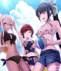 Rule 34 | 3girls, :d, alternate hairstyle, ball, beachball, bikini, bikini top only, black bikini, black hair, blue bikini, blue eyes, blue shorts, blue sky, blunt bangs, bow, breasts, can, chabashira tenko, cleavage, cloud, danganronpa (series), danganronpa v3: killing harmony, dark-skinned female, dark skin, day, drinking straw, floral print, from below, front-tie bikini top, front-tie top, green bow, green eyes, hair bow, halterneck, high ponytail, holding, holding ball, holding can, innertube, long hair, looking at viewer, looking away, medium breasts, multiple girls, navel, open mouth, outdoors, parted bangs, print bow, red hair, short hair, short shorts, short twintails, shorts, side-tie bikini bottom, silver hair, sky, small breasts, smile, standing, swim ring, swimsuit, torn clothes, torn shorts, twintails, twitter username, very long hair, white bikini, yellow eyes, yonaga angie, yumeno himiko, z-epto (chat-noir86)
