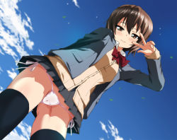 Rule 34 | 10s, 1girl, black thighhighs, blush, brown eyes, brown hair, cameltoe, day, girls und panzer, highres, looking at viewer, looking down, nishizumi maho, ouhashi, panties, school uniform, side-tie panties, skirt, sky, smile, solo, thighhighs, underwear, upskirt, v, white panties
