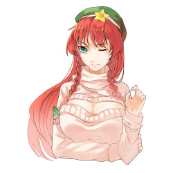 Rule 34 | 1girl, alternate costume, braid, breasts, cleavage, cleavage cutout, clothing cutout, green eyes, hat, hong meiling, large breasts, long hair, long sleeves, meme attire, one eye closed, open-chest sweater, red hair, ribbed sweater, solo, star (symbol), sweater, tansuan zhanshi, touhou, twin braids, upper body, very long hair