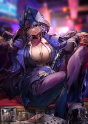 Rule 34 | 1girl, absurdres, blue eyes, blue hair, breasts, cleavage, cup, drinking glass, formal, gangster, gun, hair intakes, handgun, highres, hololive, hololive english, jacket, jewelry, looking at viewer, mafia, necktie, ouro kronii, pants, revolver, shell casing, short hair, sitting, solo, suit, virtual youtuber, vyragami, weapon