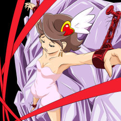 Rule 34 | 10s, 1girl, armpits, bdsm, black background, bondage, bound, brown hair, brown haired cure (sydney) (happinesscharge precure!), chain, collarbone, crystal, cure southern cross, earrings, closed eyes, hair ornament, happinesscharge precure!, heart, heart hair ornament, jewelry, kogane (staygold), precure, ribbon, short hair, shorts, solo