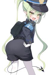 Rule 34 | 1girl, absurdres, ass, black hat, black jacket, black shorts, black tail, blue archive, blush, demon tail, earrings, fang, feet out of frame, from behind, gloves, green hair, hat, highres, jacket, jewelry, long hair, long sleeves, looking at viewer, looking back, nozomi (blue archive), open mouth, pantyhose, peaked cap, pointy ears, shorts, simple background, skin fang, smile, solo, sorozukin, tail, twintails, white background, white gloves, white pantyhose, yellow eyes