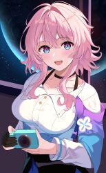 Rule 34 | 1girl, absurdres, archery shooting glove, black choker, blue eyes, breasts, camera, choker, gloves, highres, holding, holding camera, honkai: star rail, honkai (series), jacket, large breasts, long hair, long sleeves, looking at viewer, march 7th (honkai: star rail), open mouth, partially fingerless gloves, pink hair, planet, purple eyes, rererere mon, sidelocks, smile, solo, star (sky), teeth, two-tone eyes, upper body, upper teeth only, white jacket