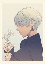Rule 34 | 1girl, absurdres, black sweater, breasts, ear focus, earrings, closed eyes, flower, grey hair, highres, jewelry, jorori, large breasts, lily (flower), lips, mole, mole under mouth, original, short hair, simple background, solo, solo focus, sweater, tan