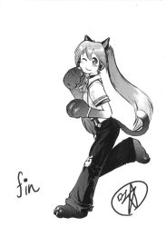 Rule 34 | 1girl, animal ears, animal hands, back cover, cat ears, cat tail, comic, cover, full body, greyscale, hatsune miku, kemonomimi mode, long hair, monochrome, one eye closed, pants, smile, stufquin, suspenders, tail, twintails, vocaloid, wink