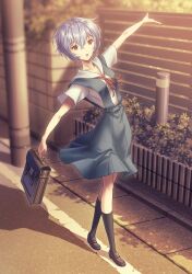 Rule 34 | 1girl, :o, ayanami rei, bag, balancing, black socks, blue hair, blue skirt, bollard, breasts, briefcase, brown bag, brown footwear, bush, collared shirt, commentary, dress shirt, dusk, fence, film grain, foliage, full body, highres, holding, holding bag, kneehighs, messy hair, neon genesis evangelion, open mouth, outstretched arms, planter, red eyes, school briefcase, school uniform, shadow, shirt, shoes, short hair, short sleeves, skirt, small breasts, socks, solo, sunset, suspender skirt, suspenders, tokyo-3 middle school uniform, utility pole, white shirt, yahha