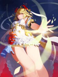 Rule 34 | 1girl, absurdres, blonde hair, braid, breasts, character request, closed mouth, commentary, dress, flower, foreshortening, from below, gluteal fold, hair flower, hair ornament, highres, looking at viewer, medium breasts, medium hair, nogong, red eyes, red flower, seven knights, short dress, solo, thighs, white dress, white flower