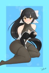 Rule 34 | 1girl, absurdres, azur lane, between legs, black hair, blue background, blush, bodysuit, breasts, brown eyes, cleavage, embarrassed, full body, hand between legs, hand on own chest, highres, kneeling, large breasts, long hair, looking at viewer, official alternate costume, pantyhose, ponytail, ribbon, takao (azur lane), thighs, toastlawine, white ribbon