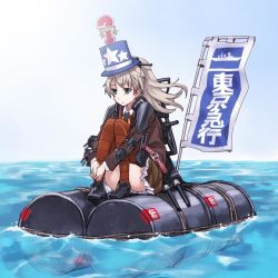 Rule 34 | 1girl, banner, barrel, brown hair, day, drum, drum (container), empty eyes, green eyes, grey hair, hat, instrument, kantai collection, kumano (kancolle), long hair, matsuryuu, necktie, ocean, parody, ponytail, school uniform, skirt, sky, solo, thighhighs, trans america ultra quiz, translated