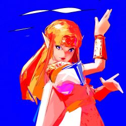 1girl armor blonde_hair blue_background blue_eyes cape circlet commentary dress english_commentary highres long_hair nintendo pink_dress pointy_ears princess_zelda shoulder_armor skinqw solo super_smash_bros. the_legend_of_zelda the_legend_of_zelda:_a_link_between_worlds vambraces white_cape