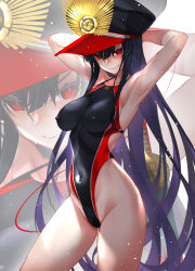 Rule 34 | 1girl, alternate costume, arms behind head, black hair, collarbone, commentary request, competition swimsuit, covered erect nipples, covered navel, cowboy shot, fate/grand order, fate (series), hat, highleg, highleg swimsuit, highres, impossible clothes, impossible swimsuit, long hair, looking at viewer, oda nobunaga (fate), oda nobunaga (swimsuit berserker) (fate), one-piece swimsuit, peaked cap, red eyes, revision, sanazura hiroyuki, smile, solo, standing, swimsuit, zoom layer