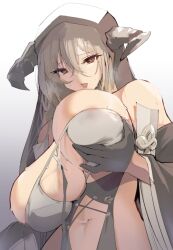 Rule 34 | 1girl, azur lane, breasts, brown hair, grabbing own breast, grey background, highres, horns, implacable (azur lane), large breasts, navel, satou daiji, simple background, solo, sweat, sweatdrop, twitter, veil, white background